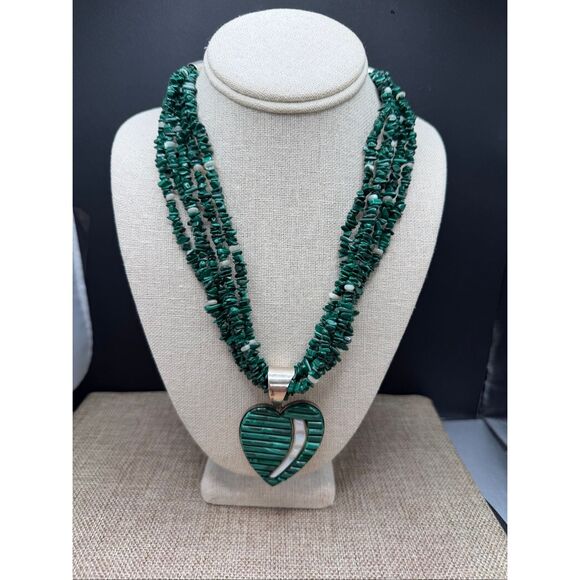 Vintage Sterling Silver Malachite & Mother of Pearl Heart Pendant Necklace Multi - Picture 9 of 9